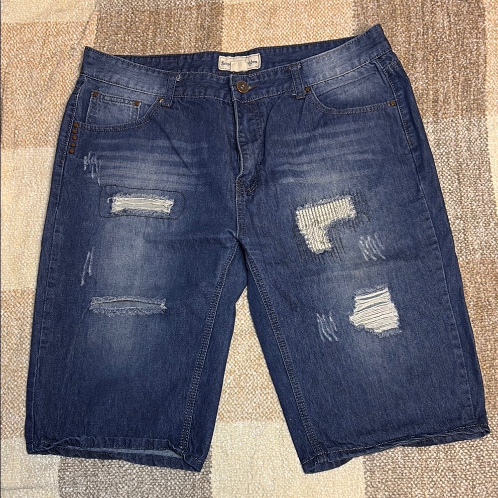 Blue Distressed Jean Shorts with Worn-In Look